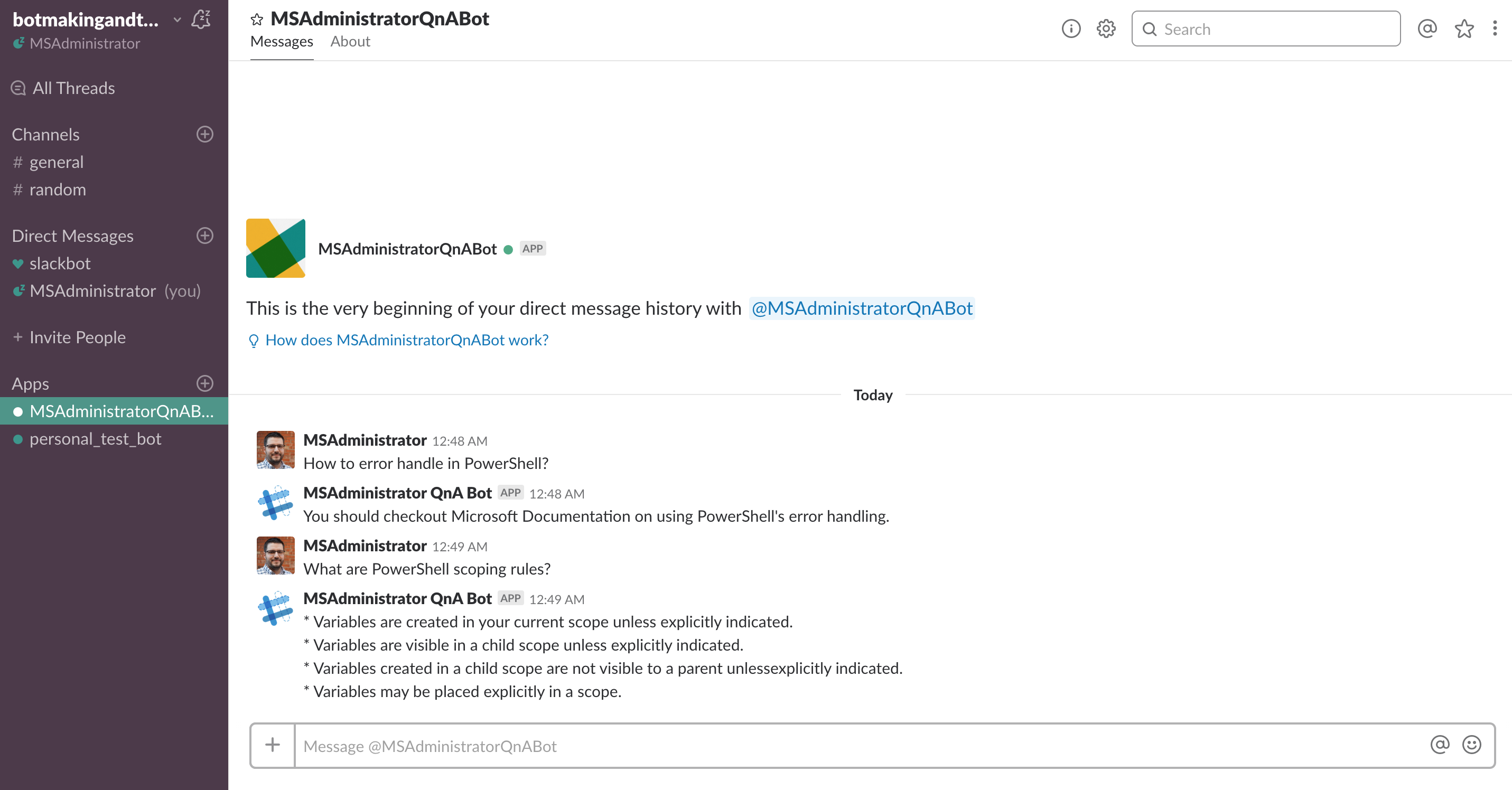 Your very own QnA Bot is now integrated into your Slack workspace