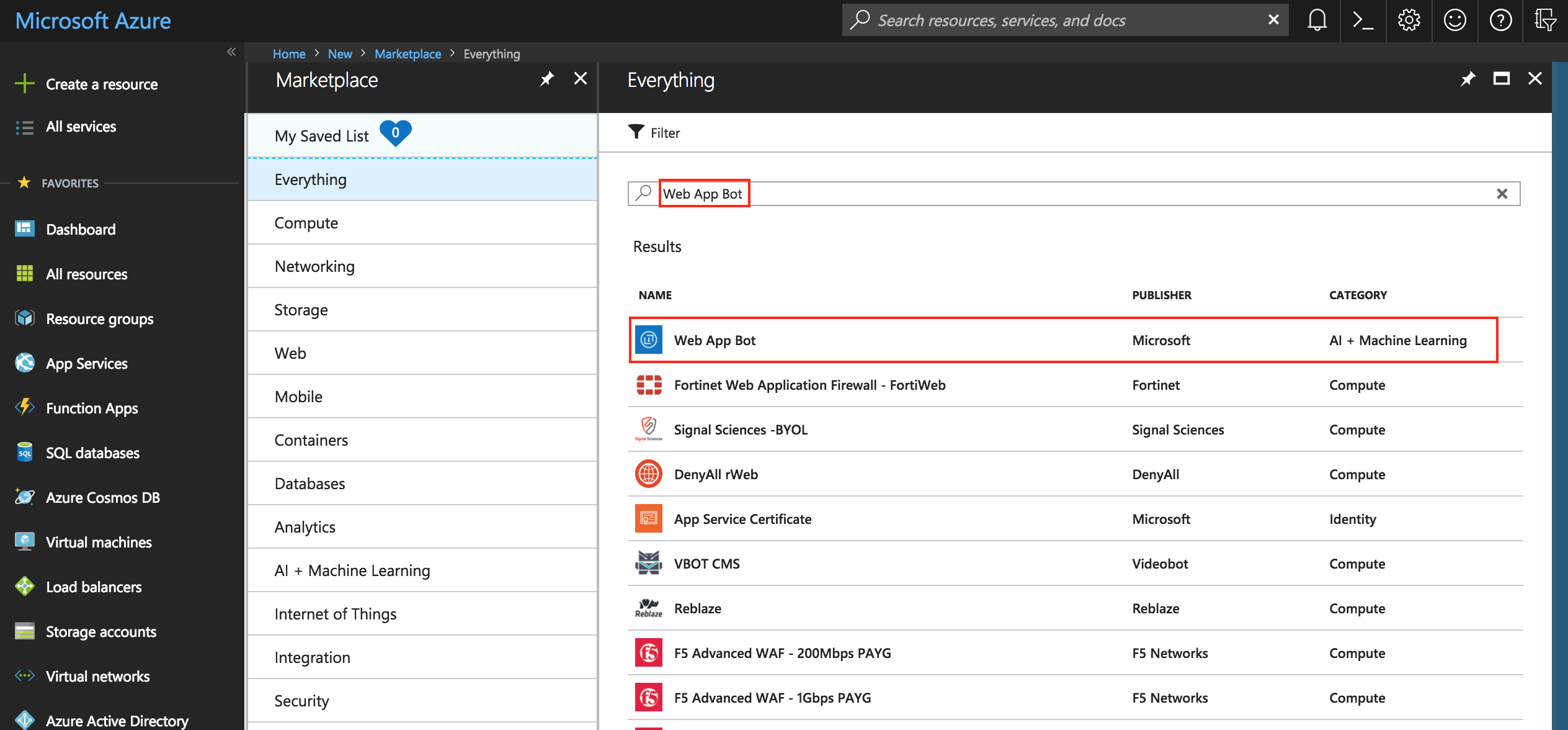 Select Create a Resource and search for Web App Bot