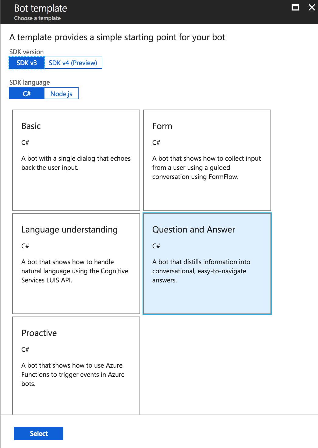 Select the Question and Answer bot template