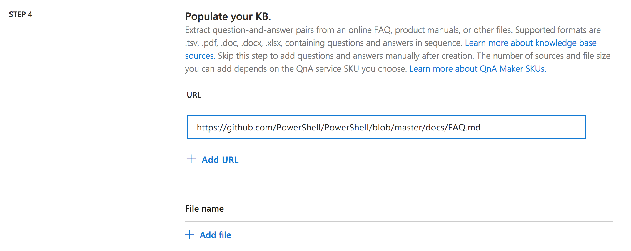 Populate your knowledge base with either a URL, document, or manually