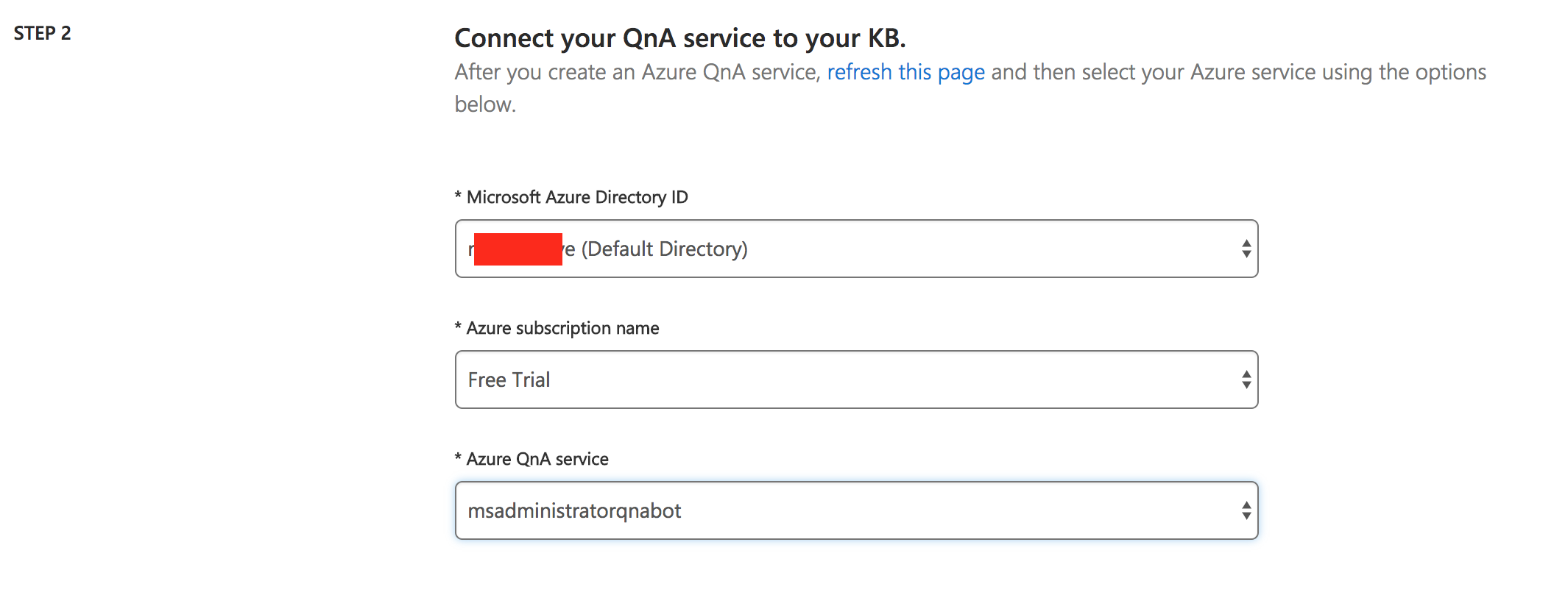 Select your Microsoft Azure account, subscription name, and the recently created QnA service
